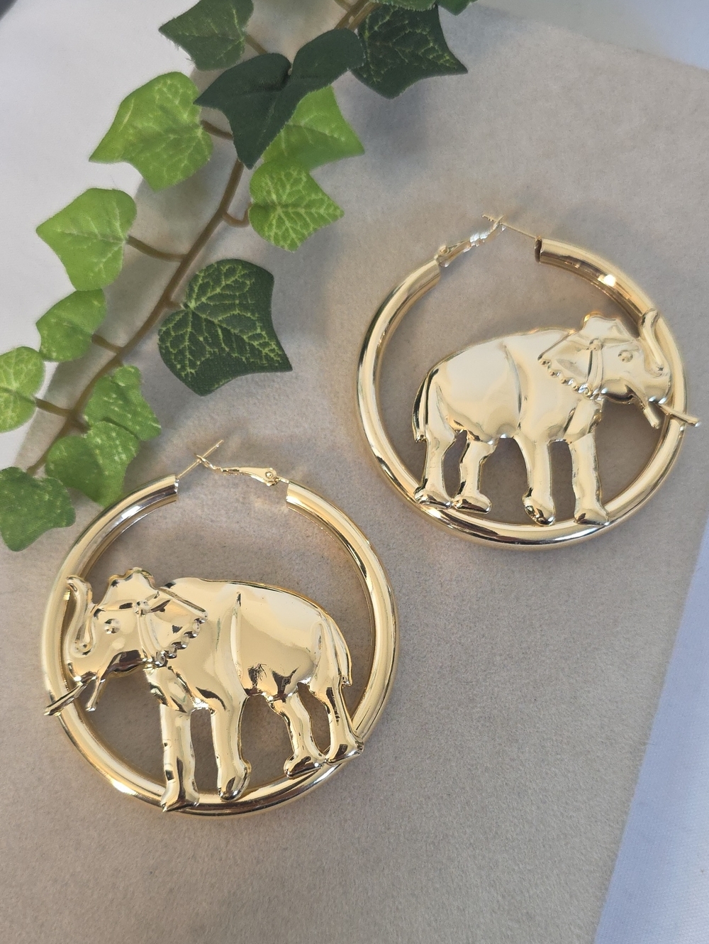 Gold Filled Large Elephant Hoop Earrings Trunk Up Lucky Animal Statement Hoops